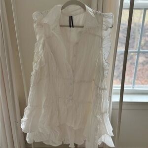 Anthropologie Women's White Ruffle Sleeveless Button-Front Blouse